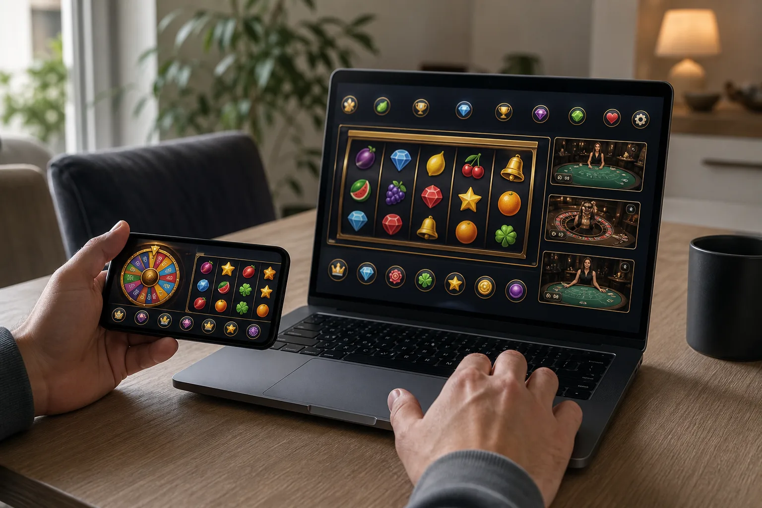 Mobile gaming lobby showing slot reels, a wheel game, and live casino tables